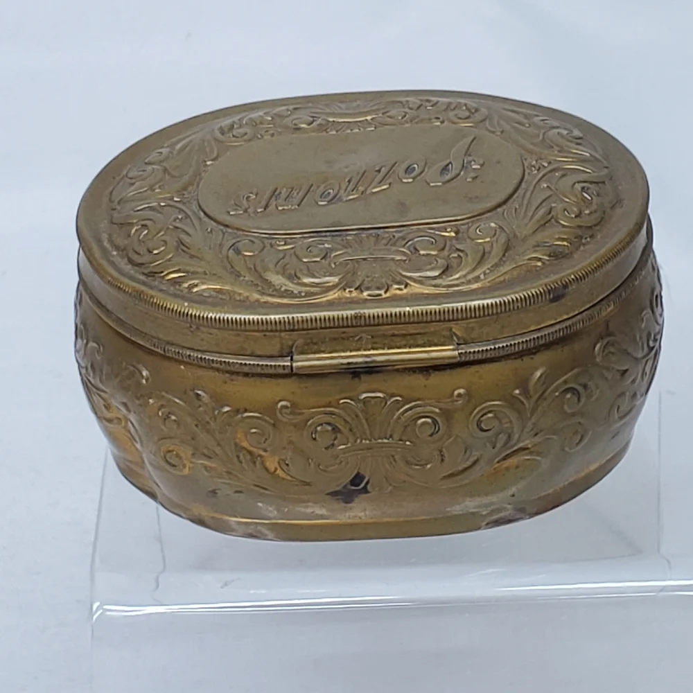 Antique Pozzoni's 1912 Brass Powder Puff Tin Box Embossed Lidded Trinket Dresser